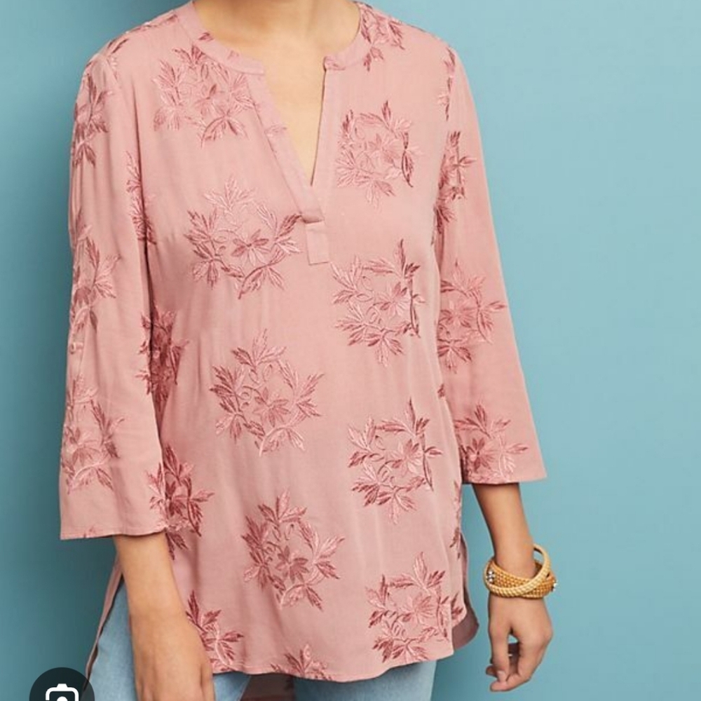 Anthropologie Maeve Mauve Floral Embroidered Tunic Dress With Pockets EUC